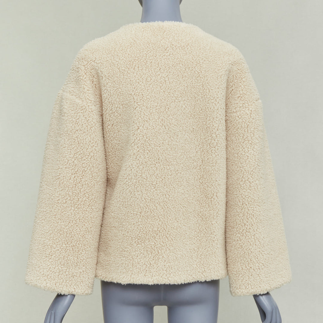 CELINE Teddy ecru cashmere silk brown calfskin leather trim buckled coat FR34 XS