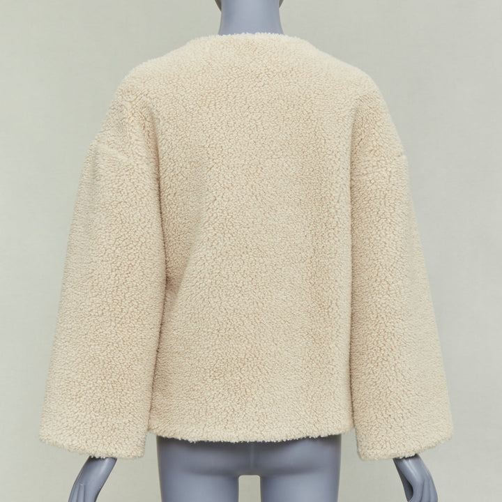 CELINE Teddy ecru cashmere silk brown calfskin leather trim buckled coat FR34 XS