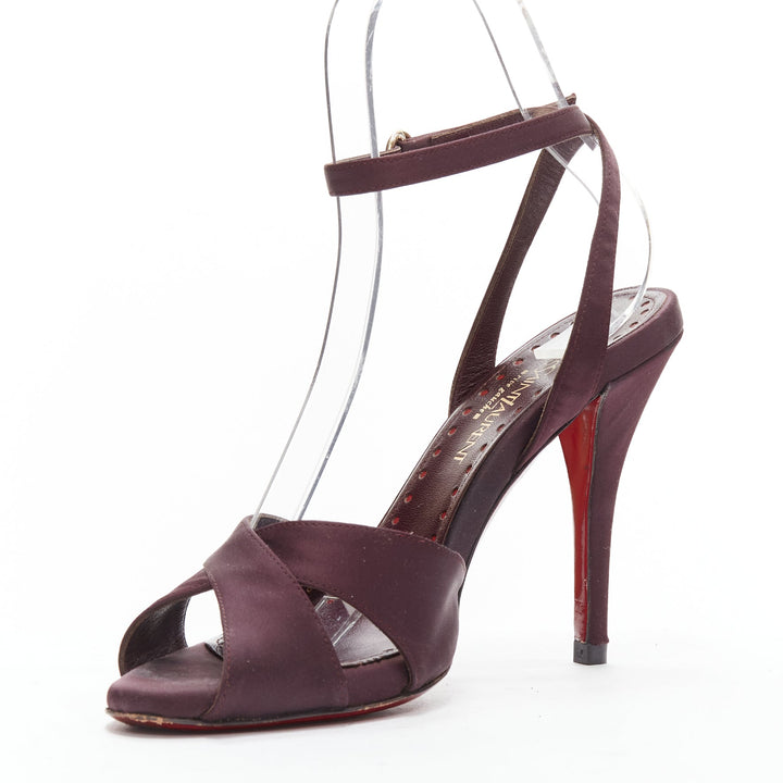 YVES SAINT LAURENT dark purple satin red sole sandal heels EU38