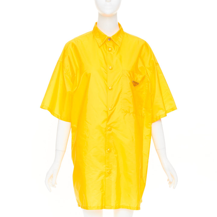 PRADA 2022 Re-Nylon logo plaque yellow short sleeve bowling shirt M