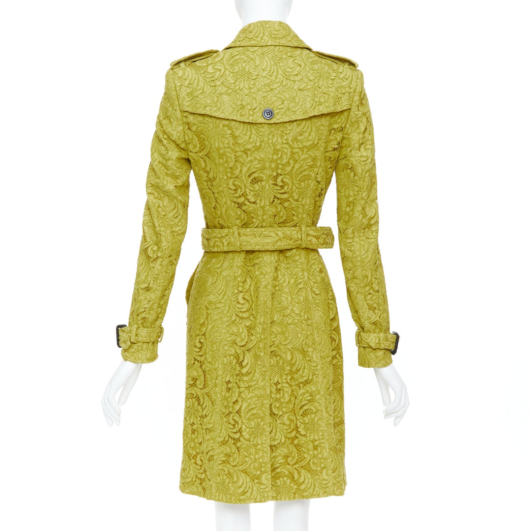 BURBERRY 2013 chartreuse mustard lime macrame lace double breasted trench UK6 XS