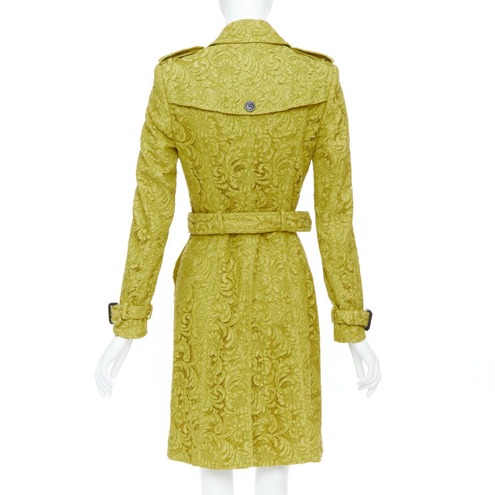 BURBERRY 2013 chartreuse mustard lime macrame lace double breasted trench UK6 XS