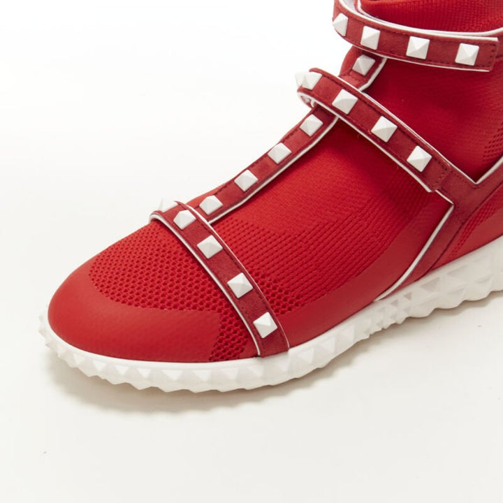 VALENTINO Free Rockstud Bodytech red sock knit white stud high top sneaker EU36