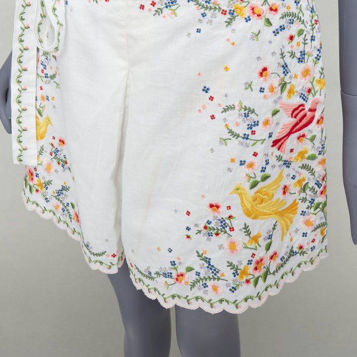 ZIMMERMANN Carnaby white linen cotton phoenix embroidery scallop shorts US2 S2