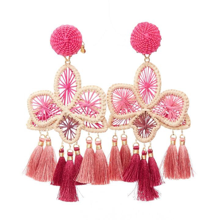 MERCEDES SALAZAR hot pink raffia red tassel dangling clip on earrings Pair