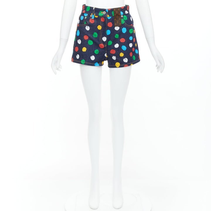 LOUIS VUITTON Yayoi Kusama Painted Dots logo patch denim shorts FR34 XS