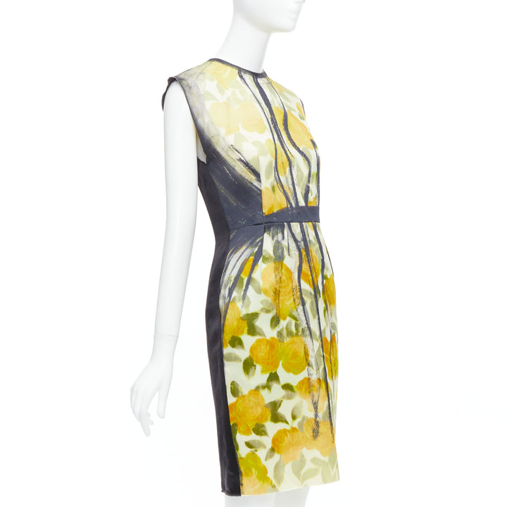 LANVIN Les 10 Ans yellow black cotton silk floral print dress FR36 S Emma Stone