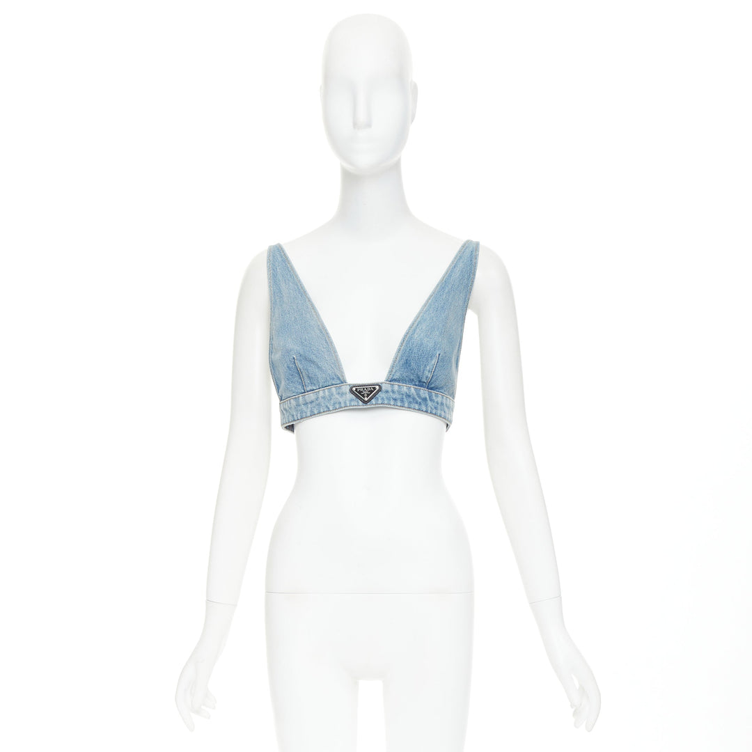 PRADA 2021 Organic Denim Bralette blue washed triangle logo plunge top IT42 M