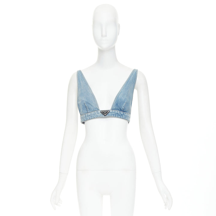 PRADA 2021 Organic Denim Bralette blue washed triangle logo plunge top IT42 M