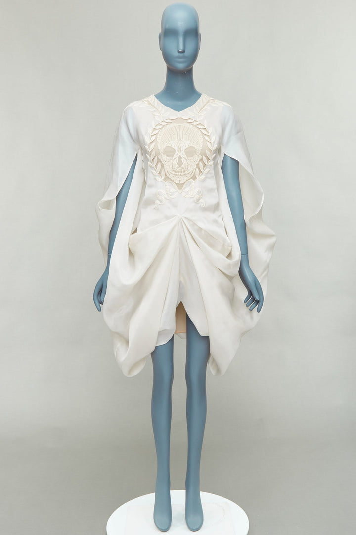 rare ALEXANDER MCQUEEN Vintage 2009 Runway skull embroidered drape dress IT38 XS