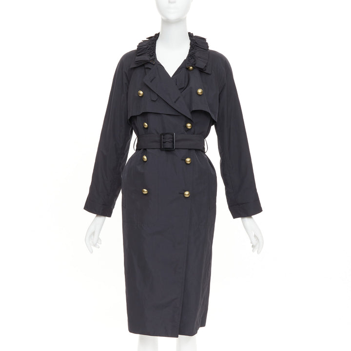 YVES SAINT LAURENT 2006 black nylon ruffle bronze button trench coat FR34 XS