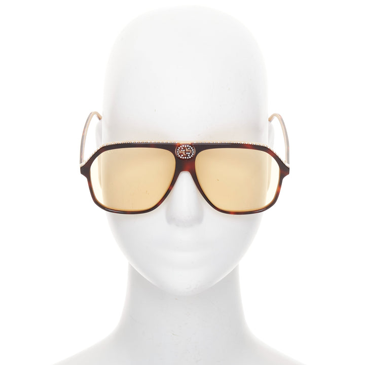 GUCCI GG0734S crystal GG logo brown tortoise acetate sunnies