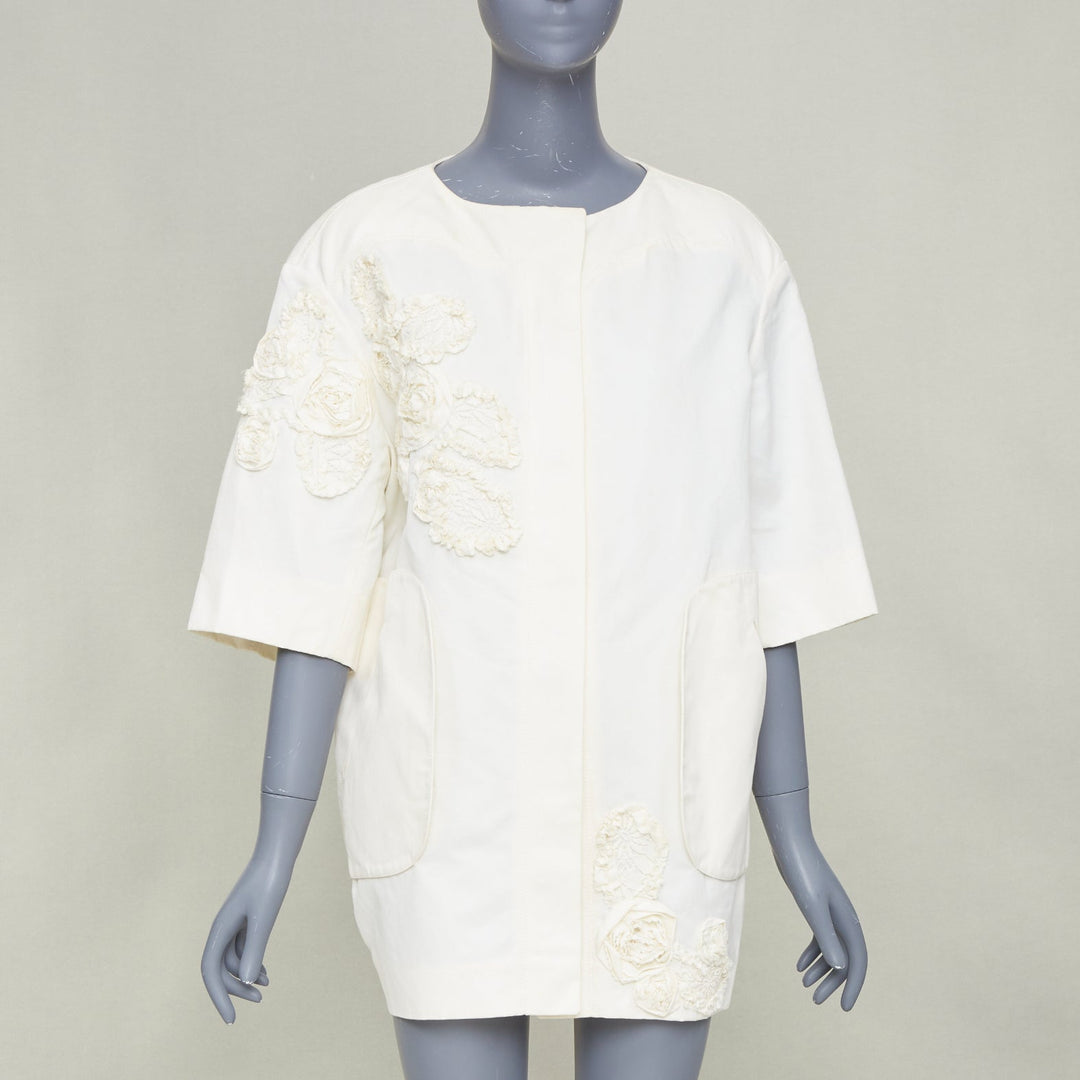 NINA RICCI 2012 ivory white floral rose applique half sleeve button coat M