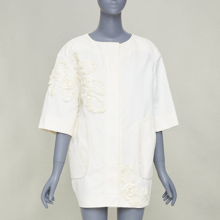 NINA RICCI 2012 ivory white floral rose applique half sleeve button coat M