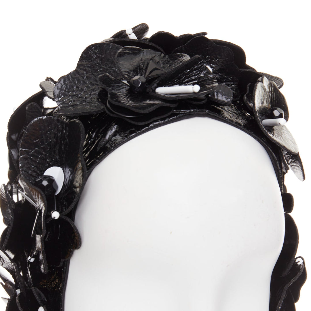 MIU MIU 2017 Runway black patent leather petals beaded retro swim cap hat S