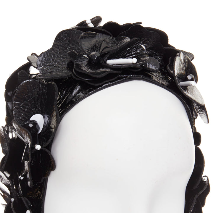 MIU MIU 2017 Runway black patent leather petals beaded retro swim cap hat S