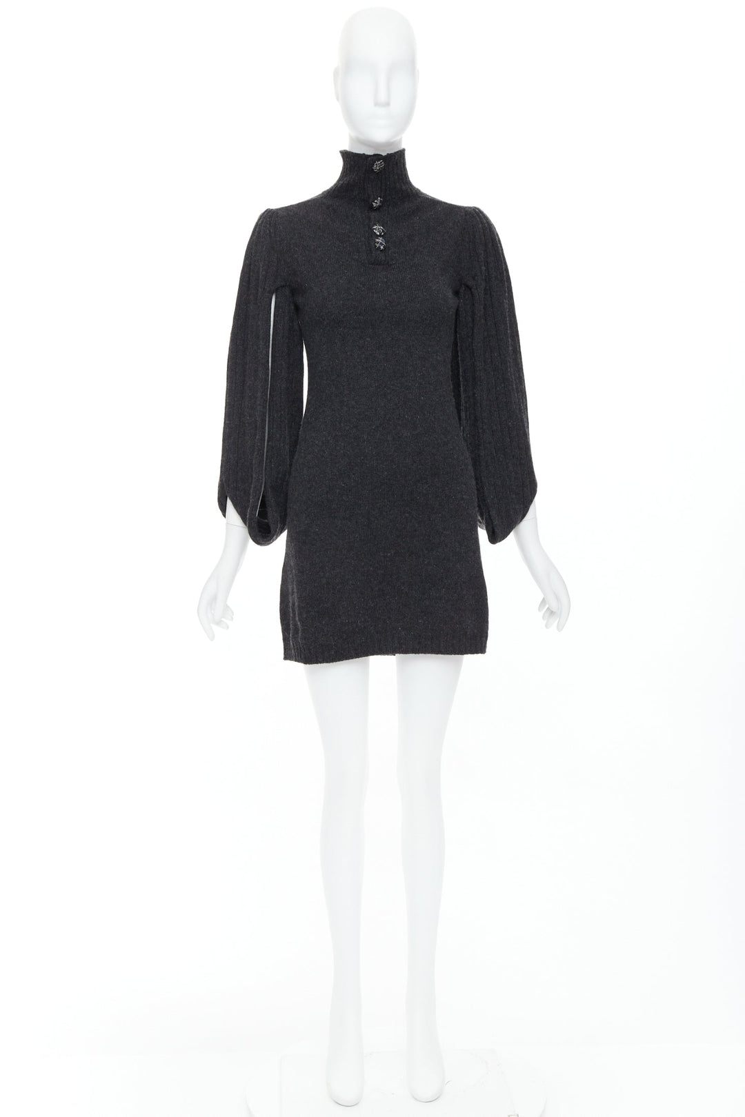 CHANEL 07A charcoal grey CC button loop sleeve sweater dress