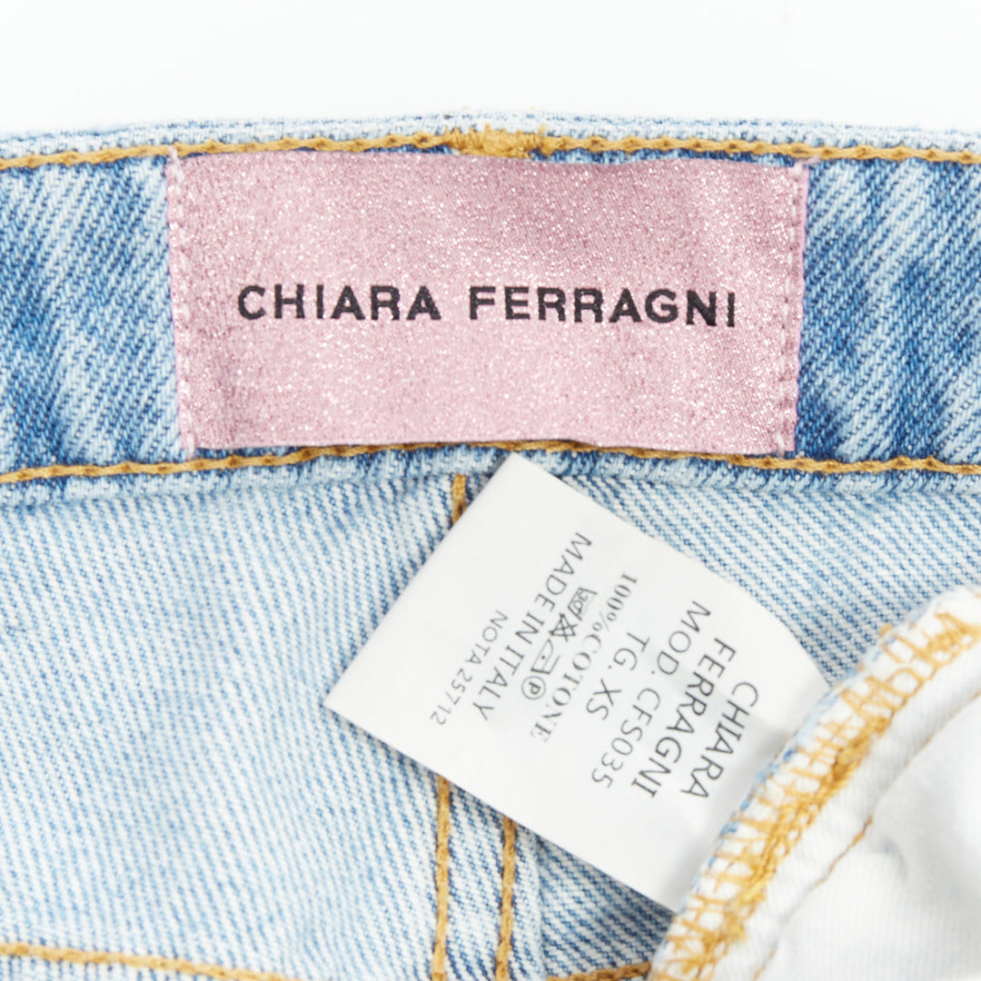 CHIARA FERRAGNI blue crystal fringe distressed denim short shorts XS