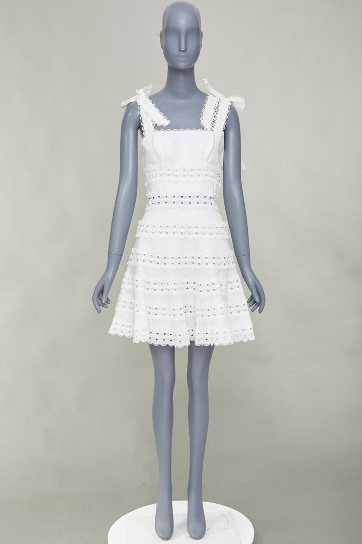 ZIMMERMANN 2020 Kirra Tie Shoulder white linen eyelet lace mini dress Sz1 S