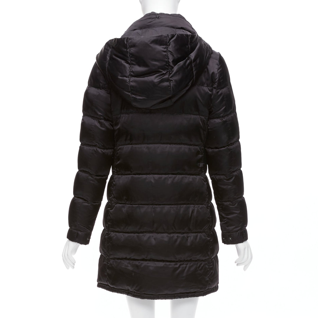 PRADA 2010 black shiny nylon hooded quilted long sleeve puffer coat IT42 M