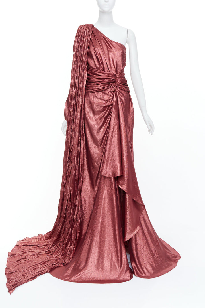 GUCCI 2019 bronze silk blend lame one shoulder asymmetric cape train gown IT40 S