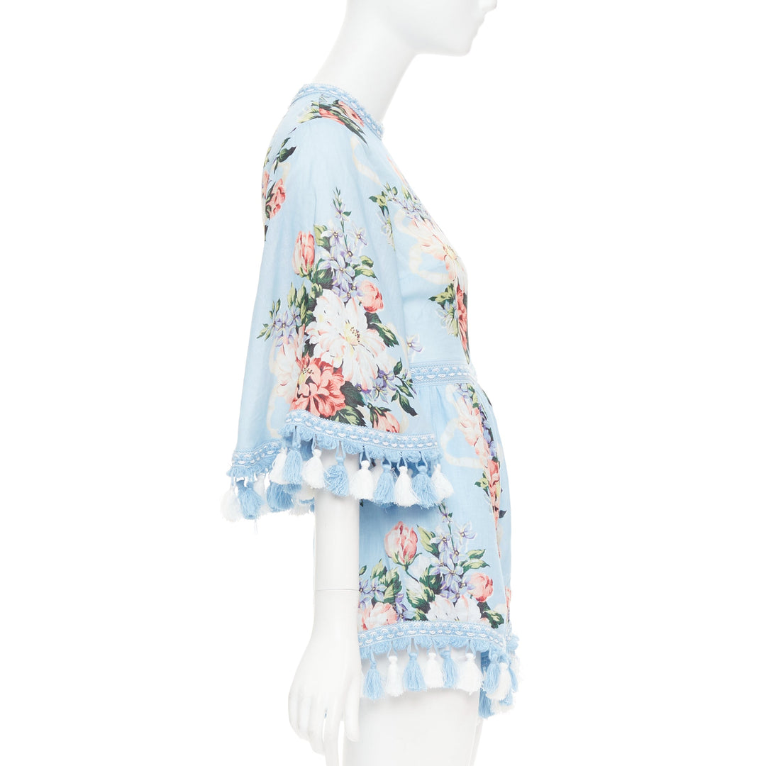 ALICE MCCALL Magic Moment blue linen floral fringed trim playsuit UK6 XS