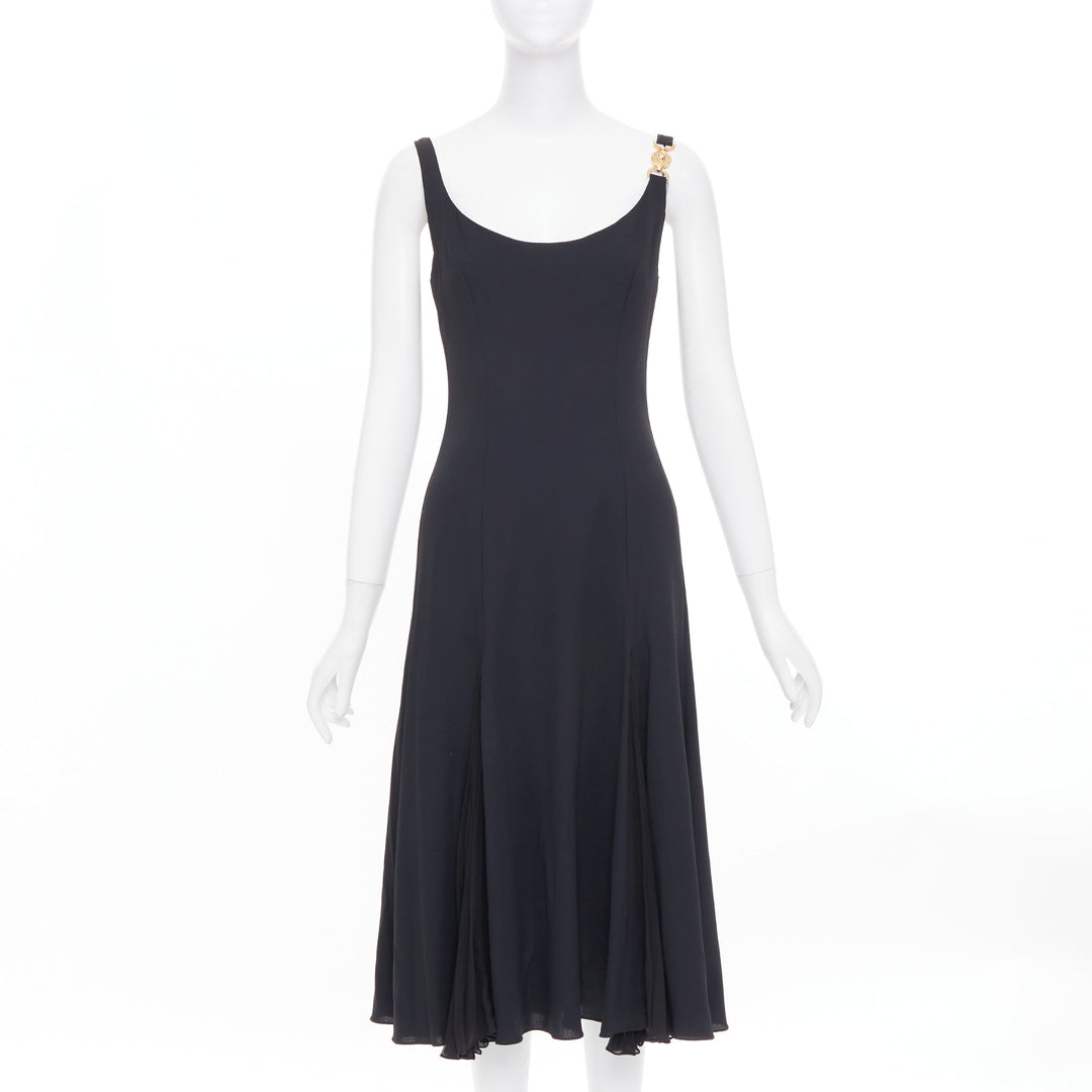 VERSACE 2023 Medusa 95 black viscose silk trim cocktail midi dress IT40 S