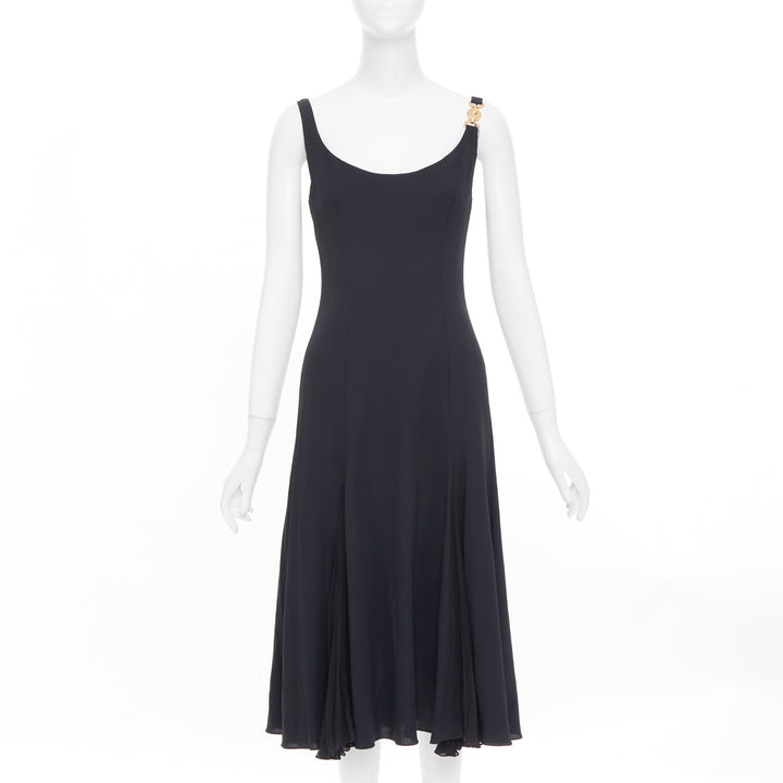 VERSACE 2023 Medusa 95 black viscose silk trim cocktail midi dress IT40 S