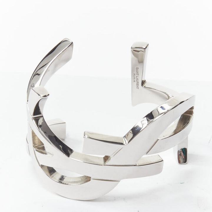 SAINT LAURENT Cassandre silver brass metal YSL monogram logo cuff bracelet