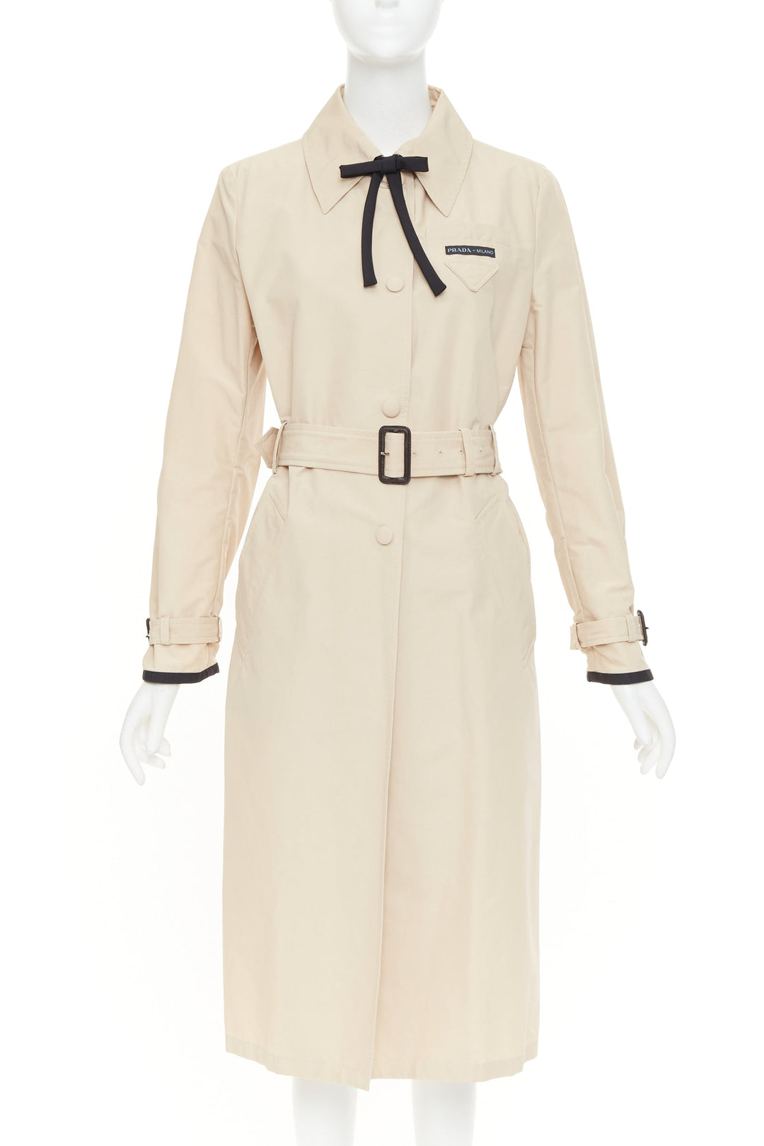 PRADA 2019 beige cotton black bow tie logo tape belted trench coat IT42 M