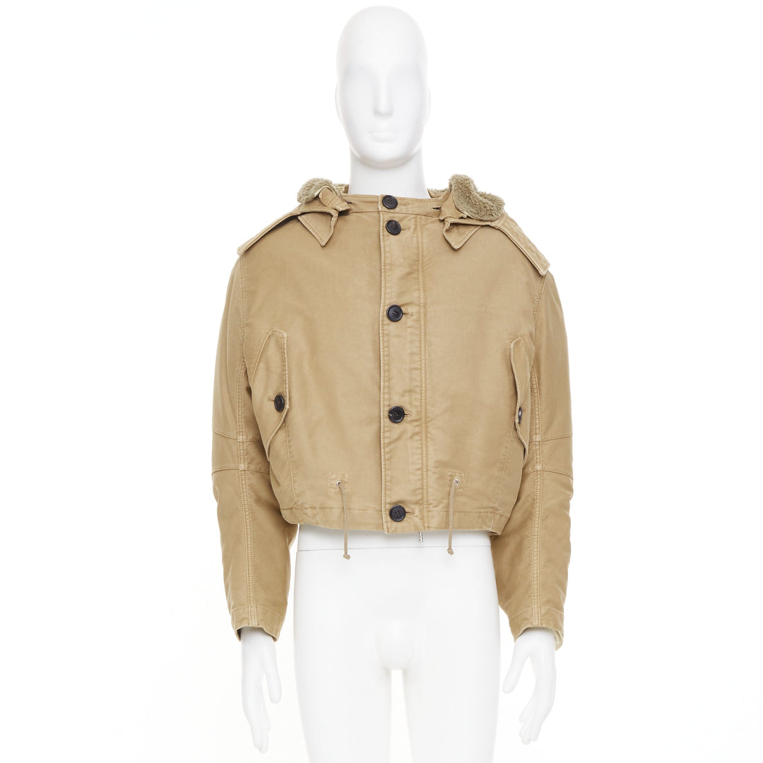 PRADA 2023 Runway shearling trim canvas hooded cropped bomber jacket IT48 M