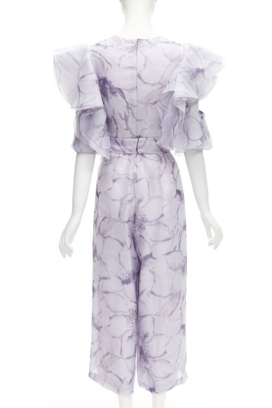 COSTERELLOS purple floral ruffled butterfly sleeves belted jumpsuit FR34 XS