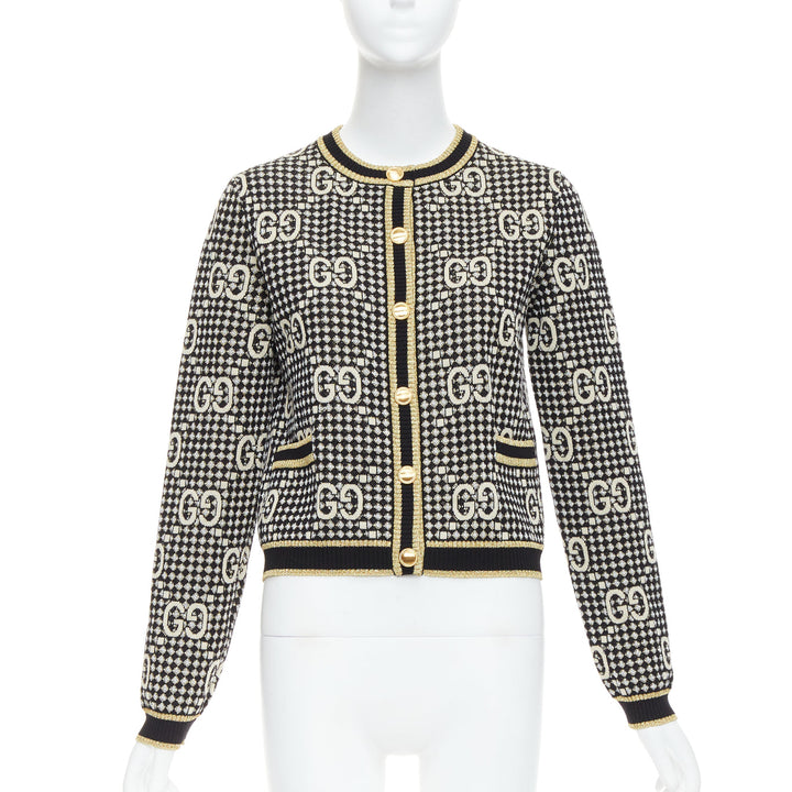 GUCCI gold lurex wool blend monogram jacquard preppy cardigan S