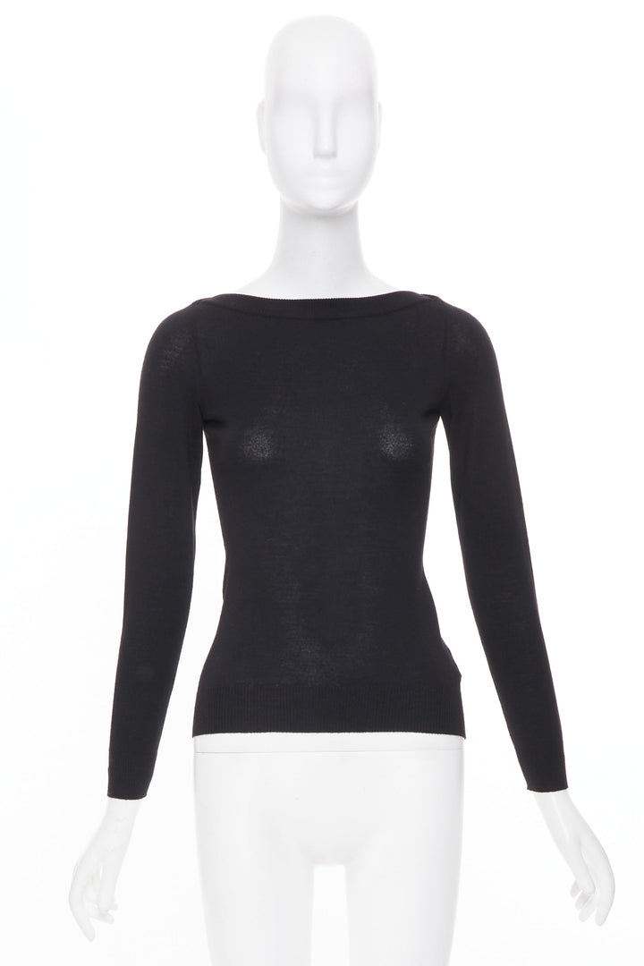 ALAIA fine knit semi sheer black virgin wool boat neck top FR36 S