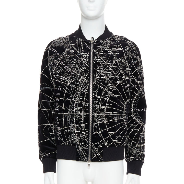 BALMAIN Broderie black map crystal bead embroidery velvet bomber jacket FR48