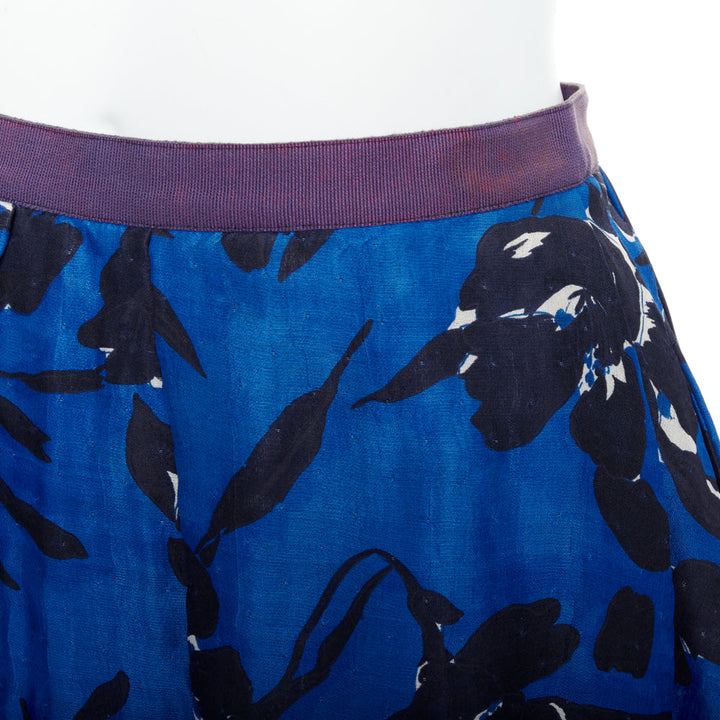 OSCAR DE LA RENTA S07 blue black silk cotton floral print full midi skirt US2 S