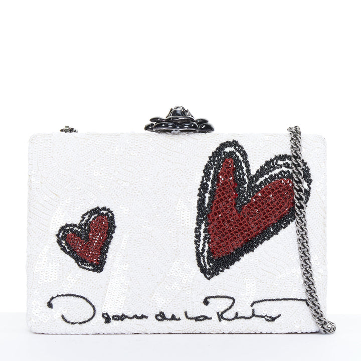 OSCAR DE LA RENTA 2018 Rogan sequin heart embroidered leather box evening clutch