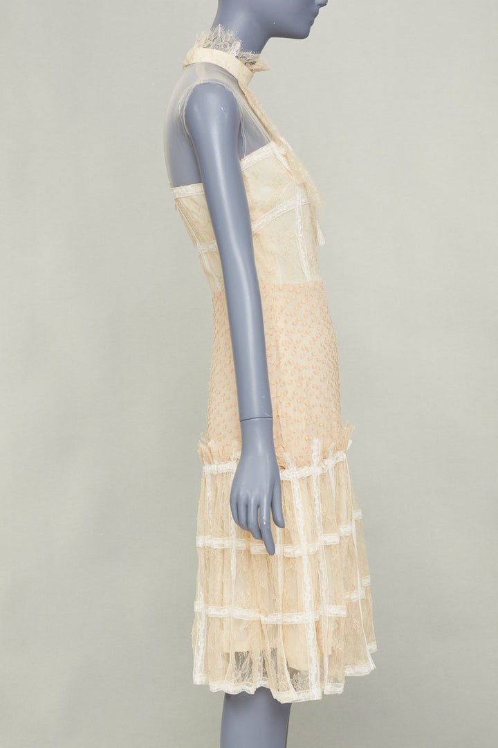 rare RODARTE 2017 halter ruffled panel lace cream beige midi dress US2 XS
