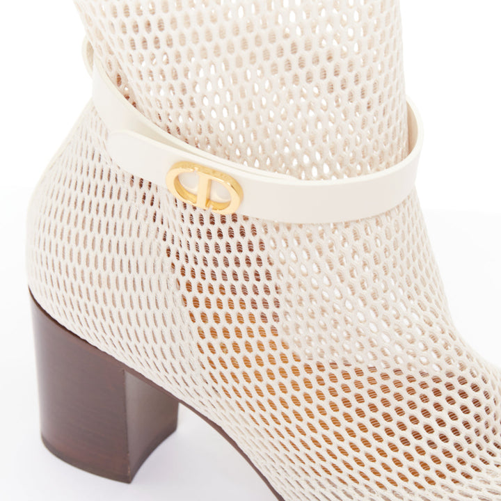 CHRISTIAN DIOR 2020 Empreinte Montaigne 70mm ivory perforated mesh boots EU38.5