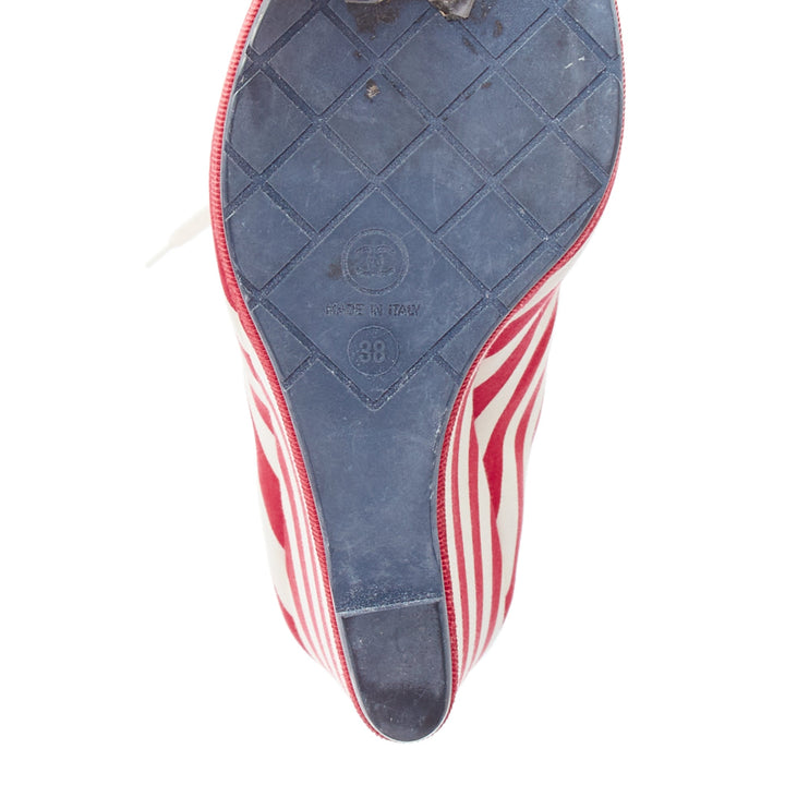 CHANEL 2010 Runway red cream stripe canvas blue leather CC boots EU38 Katy Perry