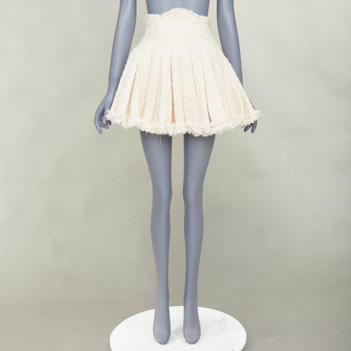 BALMAIN cream frayed pleated cotton tweed curved waist skater skirt FR34 XXS