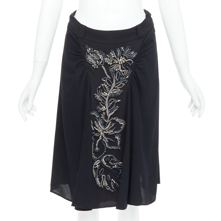 PRADA 2013 black blue clear crystal embellished flowers ruched skirt IT40 S