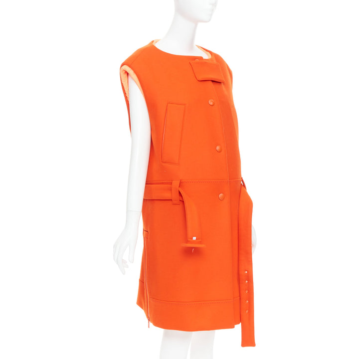 rare PRADA 2018 Runway orange virgin wool belted puffer lined long vest IT38 XS