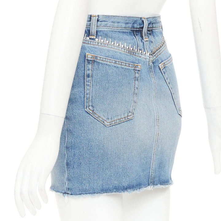 SAINT LAURENT 2016 blue washed denim studded waistband mini skirt 25"