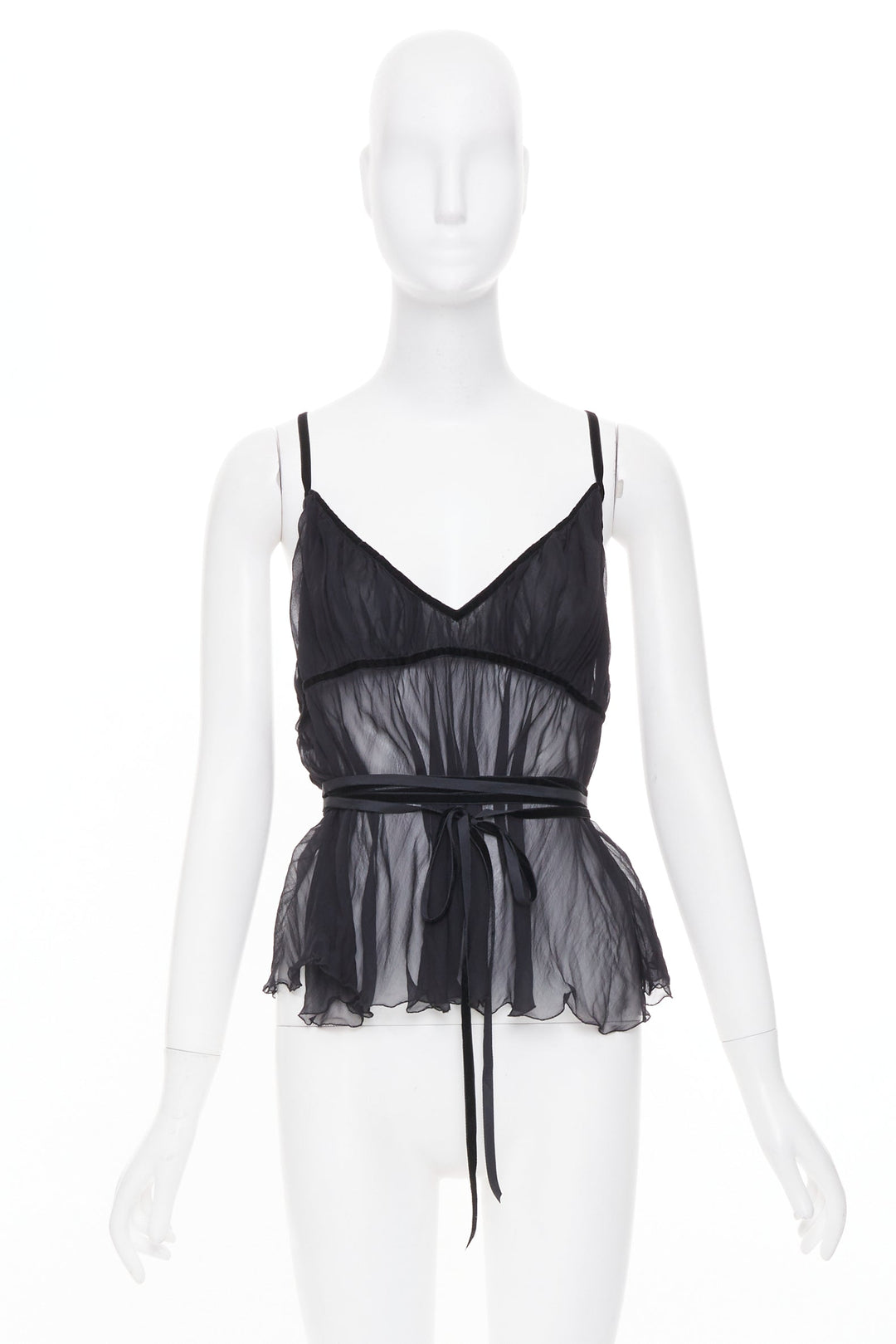 PHILOSOPHY 2014 black sheer silk georgette wrap ruffle peplum camisole IT46 XL