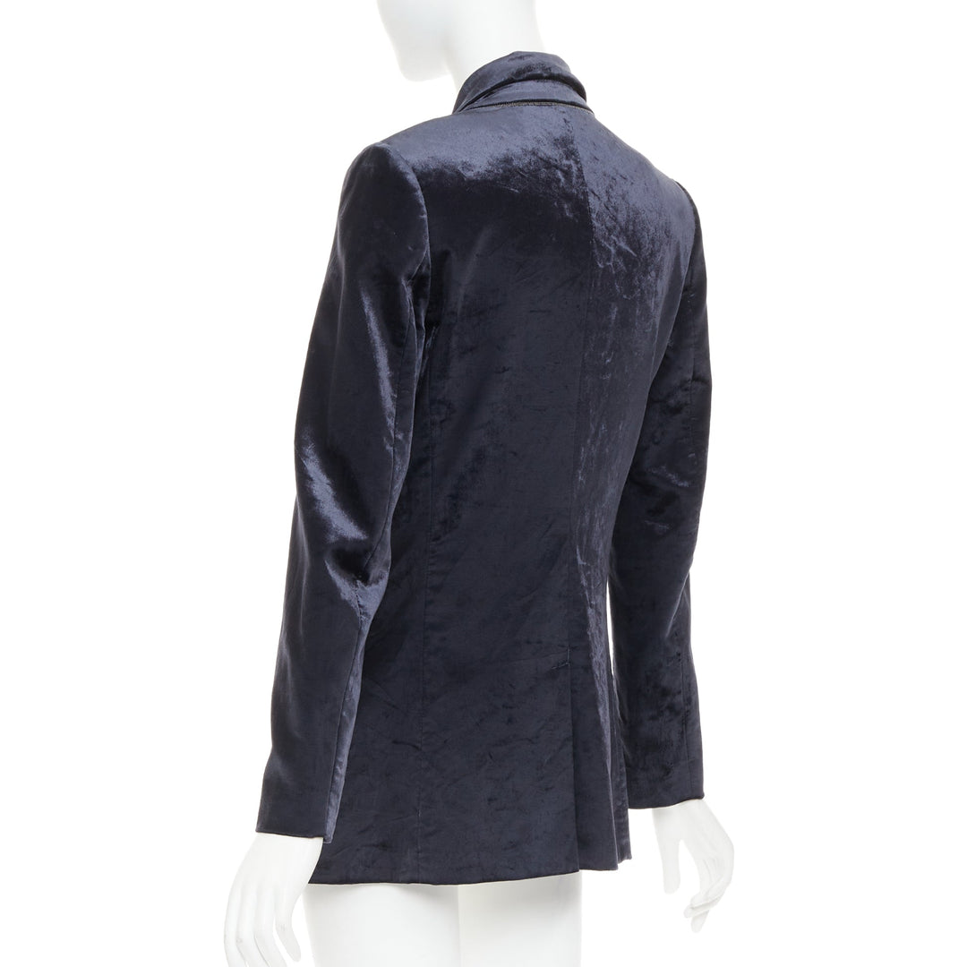 BRUNELLO CUCINELLI navy velvet brass logo buttons double breasted blazer IT40 S