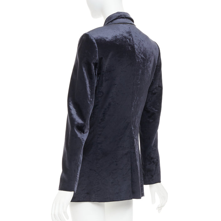 BRUNELLO CUCINELLI navy velvet brass logo buttons double breasted blazer IT40 S
