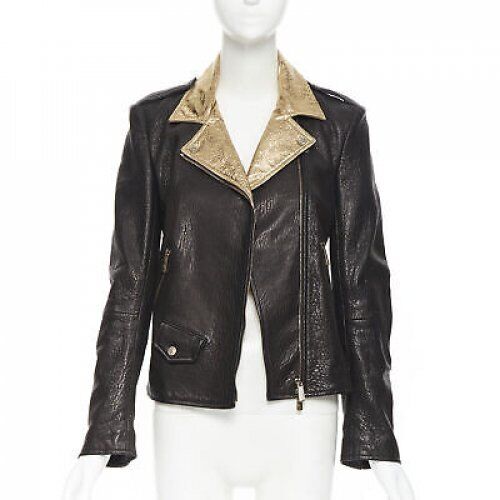 FAITH CONNEXION black pebble leather metallic gold back moto biker jacket FR38 S