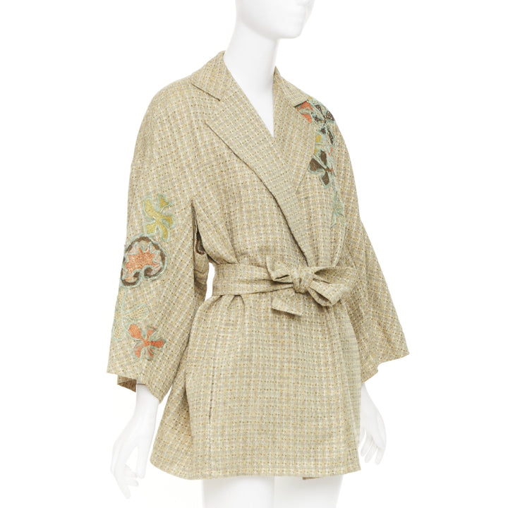 CHRISTIAN LACROIX Vintage gold tweed floral embroidered belted jacket FR42 L