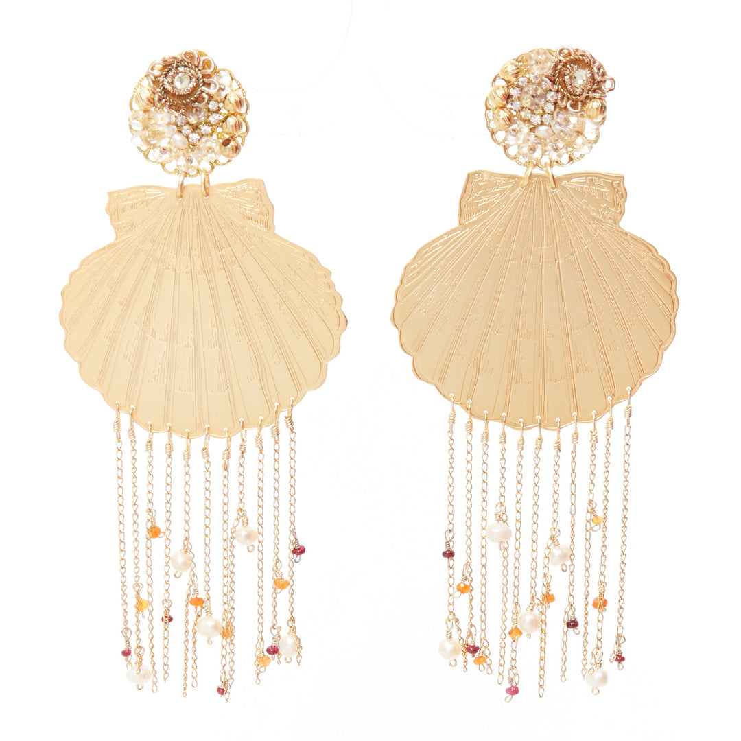 MERCEDES SALAZAR gold metal shell crystal faux pearl tassel clip earrings Pair